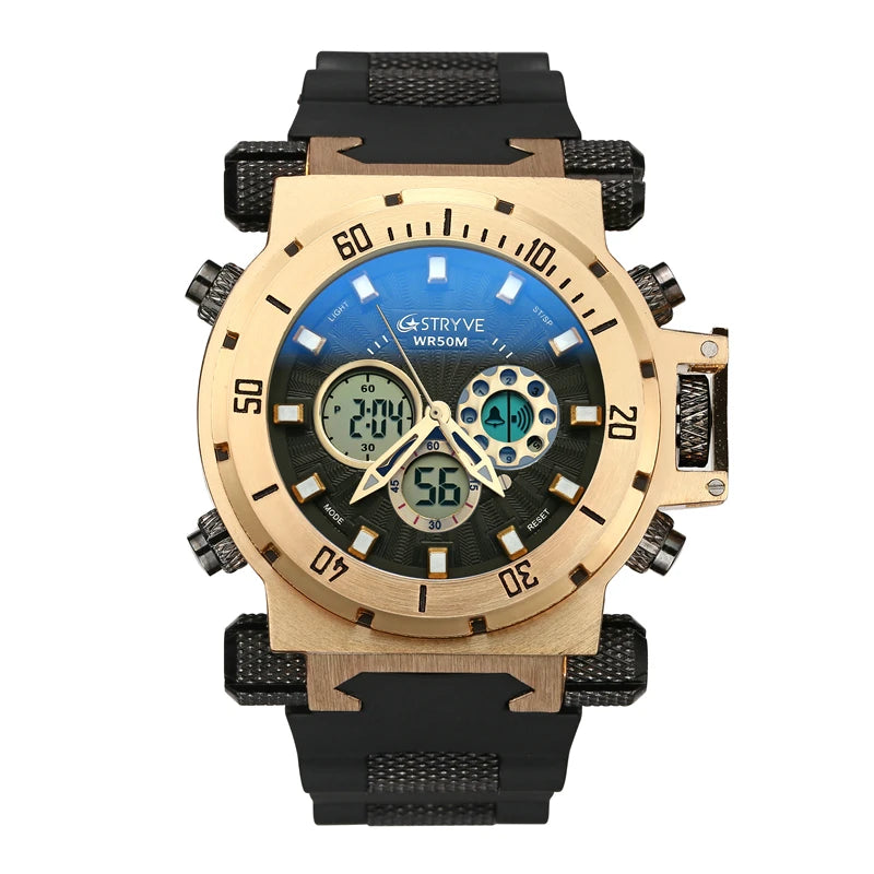 8015 Luxury Silicone Strap Watches Heavy Dial Dual Time 5ATM Waterproof Sports Quartz Digital Men Watch Reloj Hombre