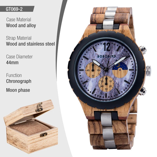 Wooden Watches for Men, Stainless Steel Wood Watch, Custtom Wristwatch for Male, Classic Function Chronograph Watches