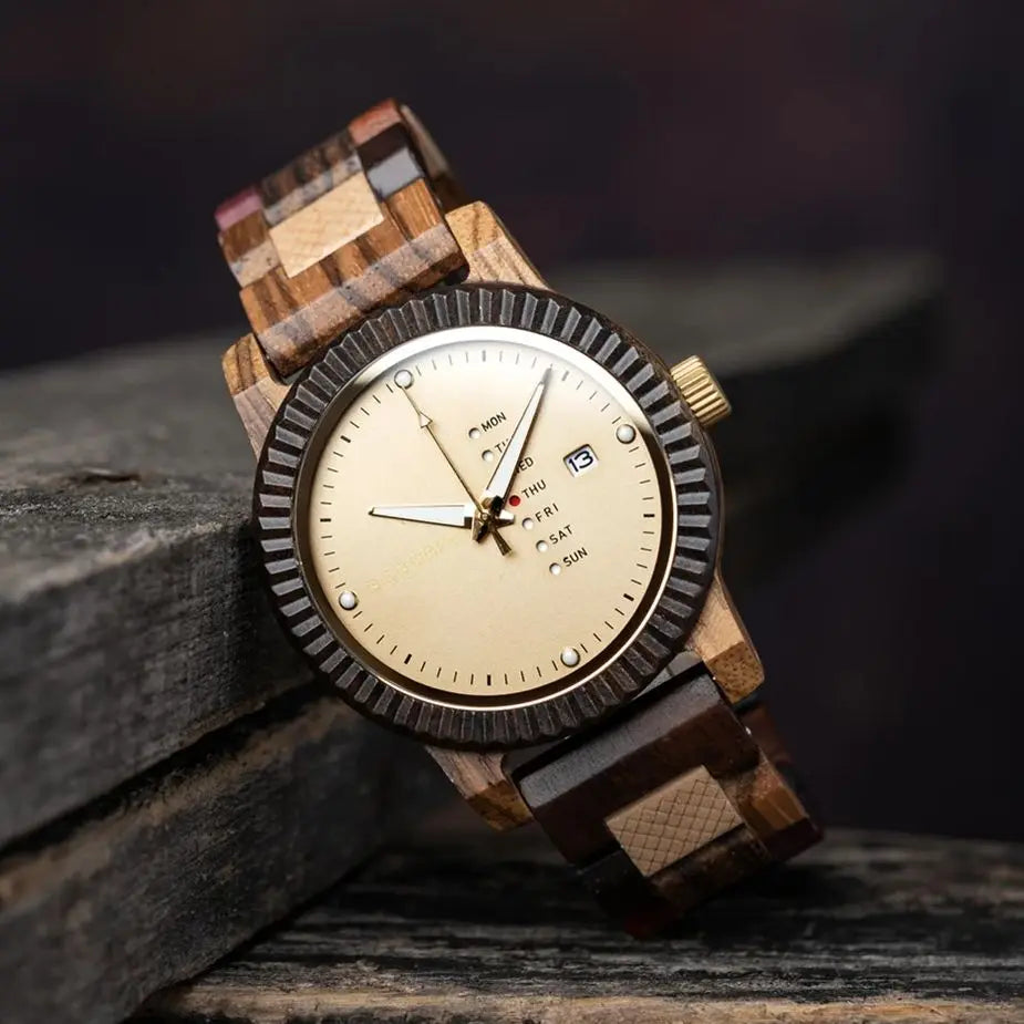 Stylish Men'S Watch Week & Date Display Casual Wooden Wristwatch Support Dropshipping Customized