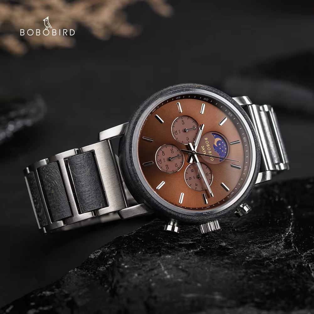 Business Men Luxury Watches Wood and Stainless Steel Chronograph Quartz Wristwatches with Moon Phase Luminous Hands