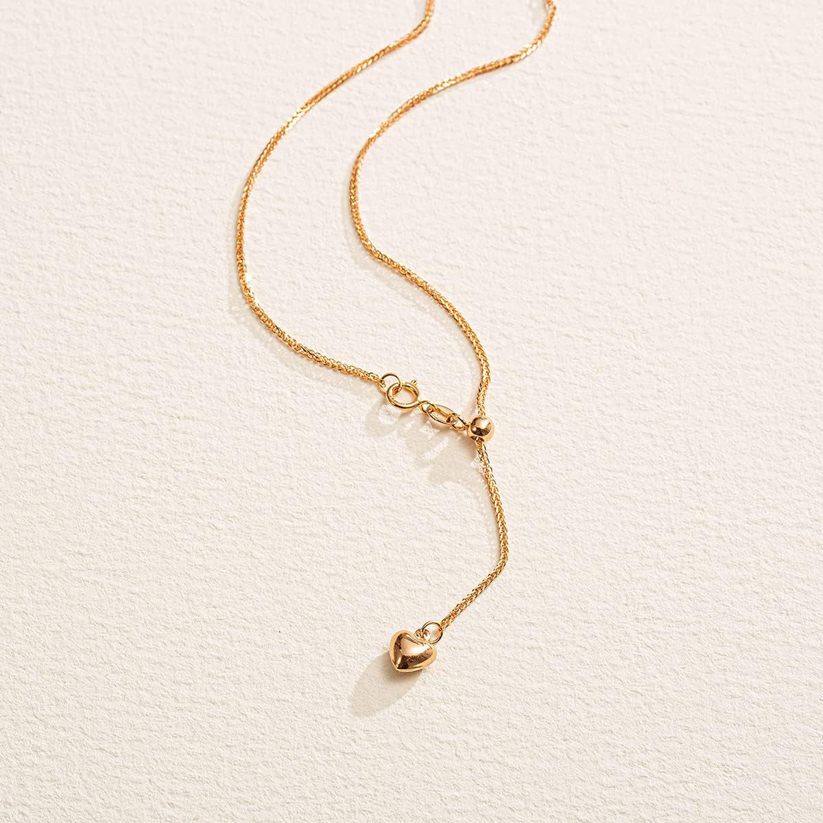 18K Solid Gold 1MM Thin Strong Simple Minimalist Wheat Cable Adjustable Chain Necklace with a Heart Extender Dainty Fine Jewelry for Women Girls, 50CM