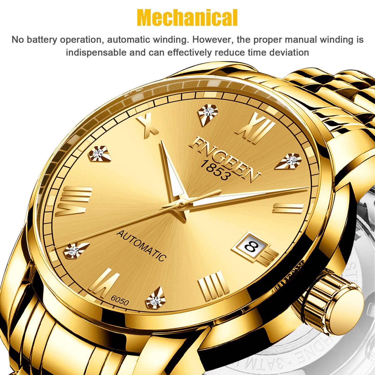 Luxury Men Automatic Mechanical Watch Waterproof Stainless Steel Gold Tone Wrist