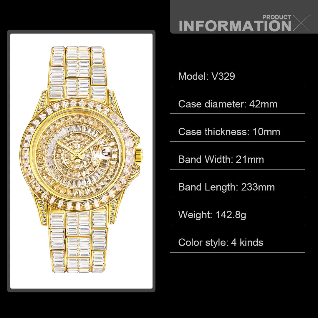 High End Luxury Watches for Men Fashion Hip Hop Diamond Quartz Watch Top Brand Iced Out Bling Crystal Waterproof Male Clock Gift