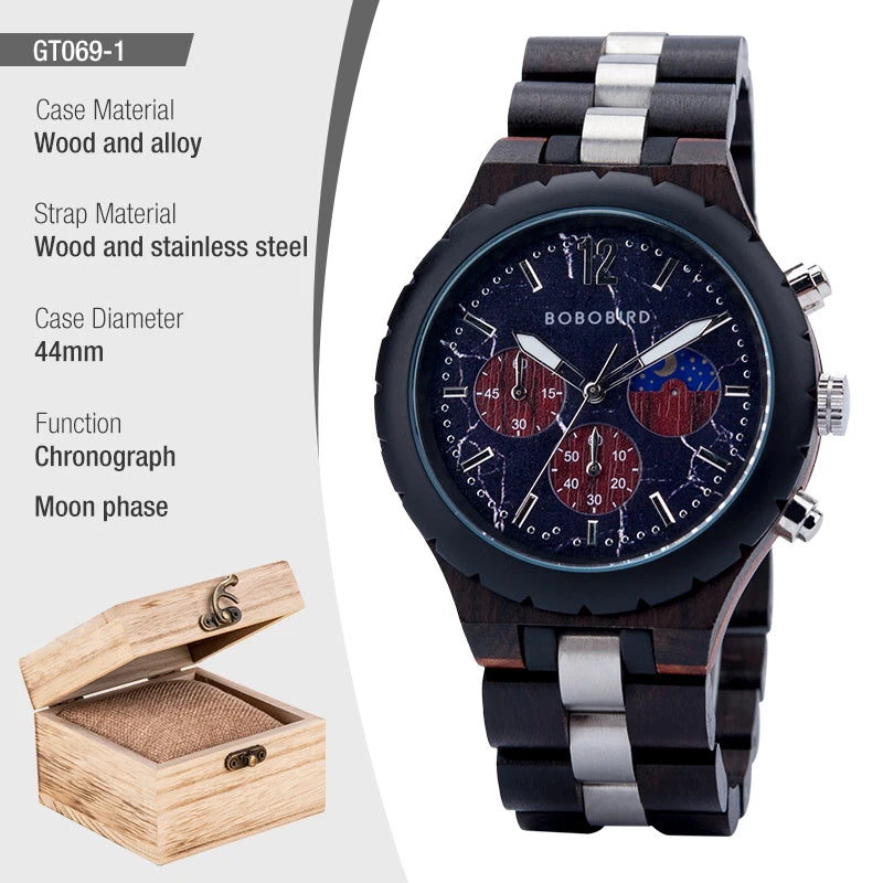 Wooden Watches for Men, Stainless Steel Wood Watch, Custtom Wristwatch for Male, Classic Function Chronograph Watches