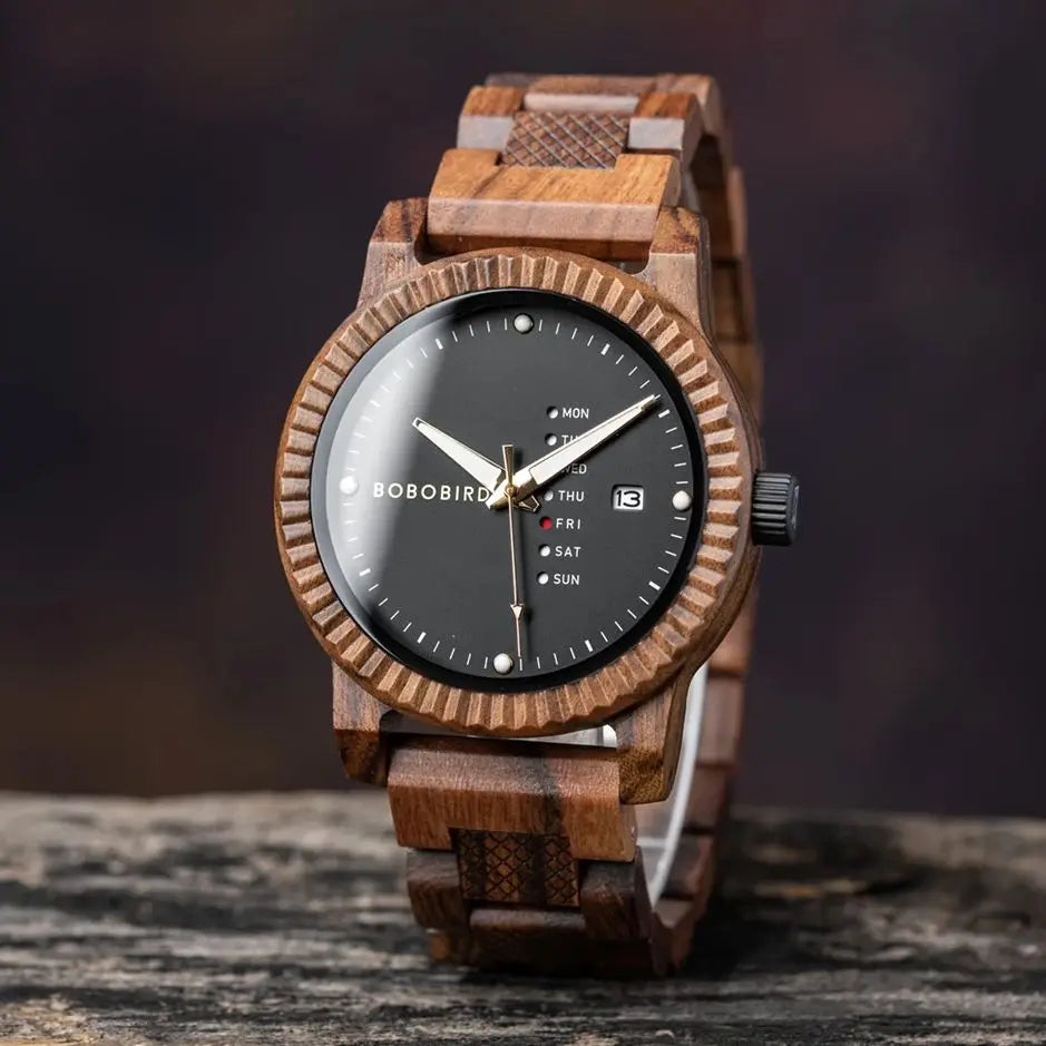 Stylish Men'S Watch Week & Date Display Casual Wooden Wristwatch Support Dropshipping Customized