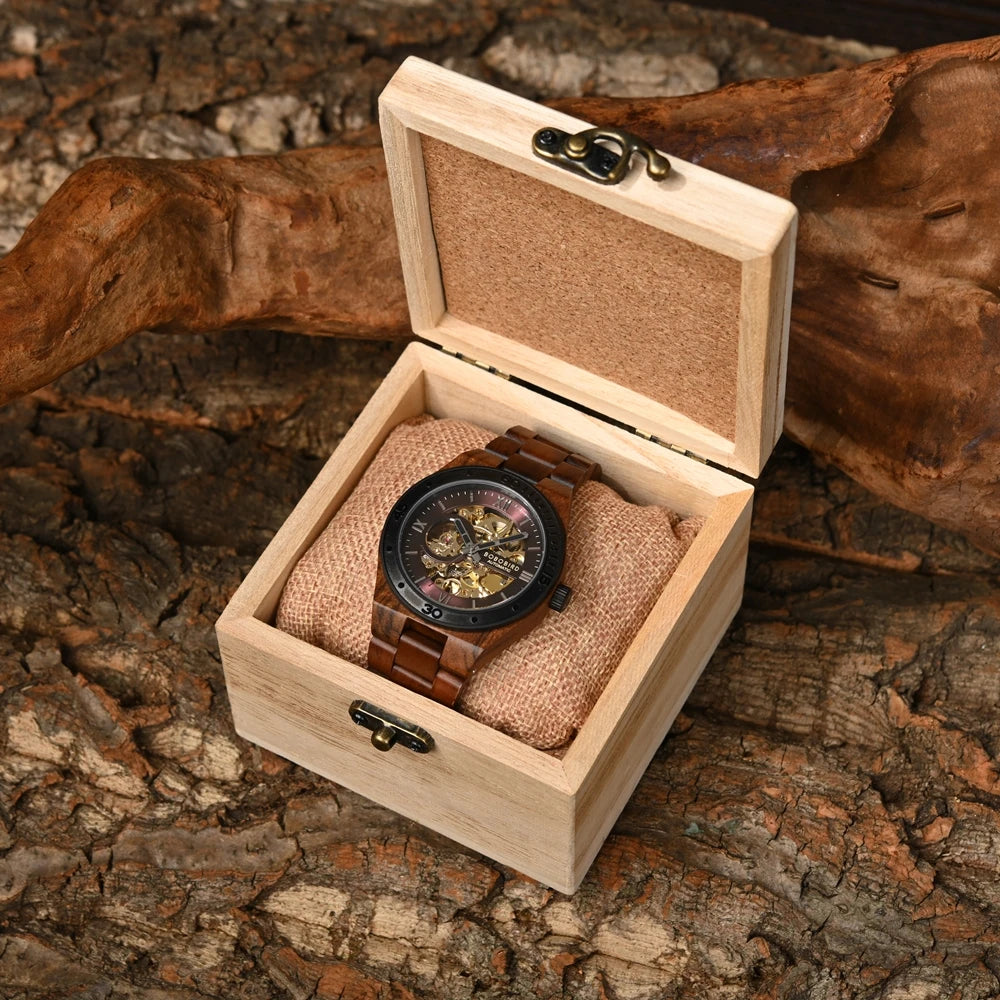 Men Mechanical Watch New Top Wood Sport Wristwatches Hollow Out Automatic Mechanical Watch Custom Great Gift Box