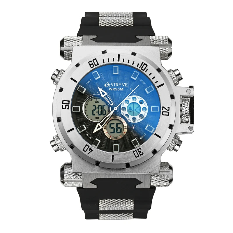 8015 Luxury Silicone Strap Watches Heavy Dial Dual Time 5ATM Waterproof Sports Quartz Digital Men Watch Reloj Hombre