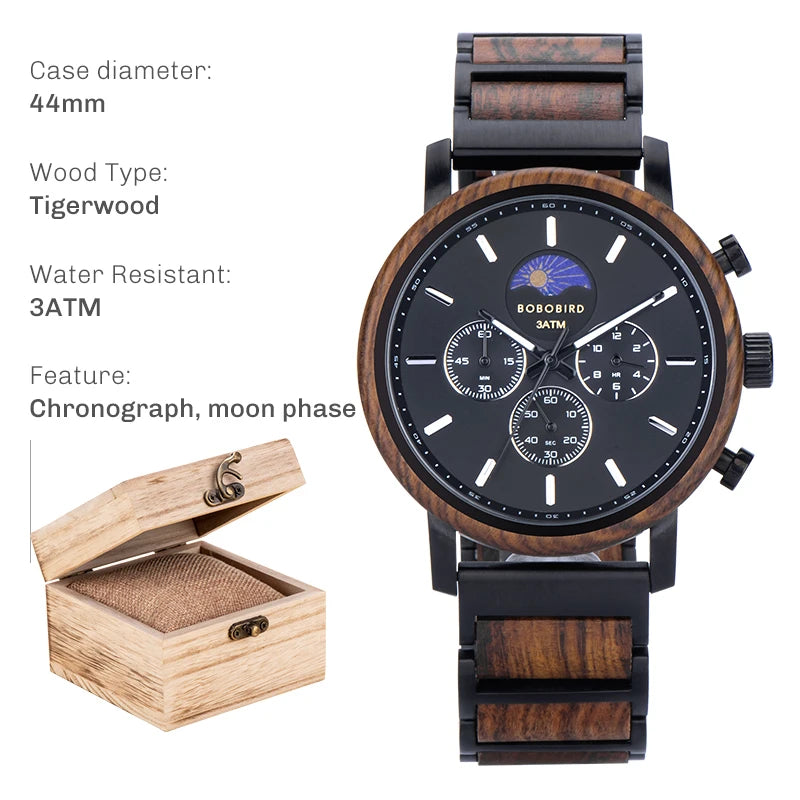 Business Men Luxury Watches Wood and Stainless Steel Chronograph Quartz Wristwatches with Moon Phase Luminous Hands