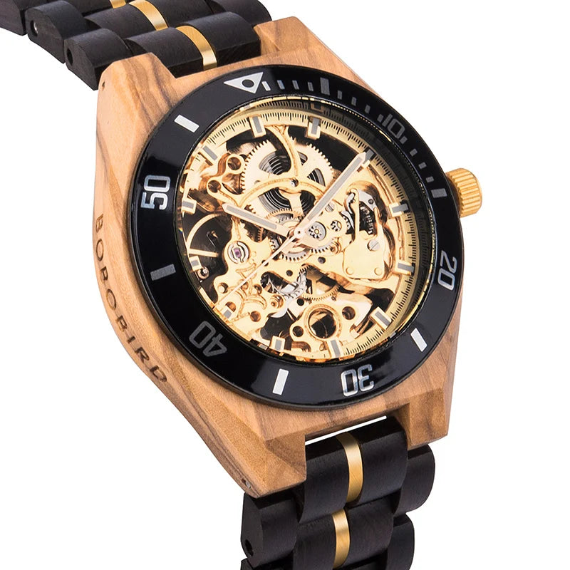 Luxury Watches for Men 42 Mm Stainless Steel and Wood Sport Wristwatches Hollow Out Automatic Mechanical Watch