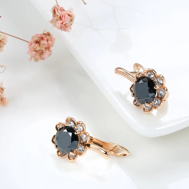 New 585 Rose Gold Pendant Earrings Center Inlay Black Zircon Surround Diamond Flower Pierced Earrings Women Fashion Accessories