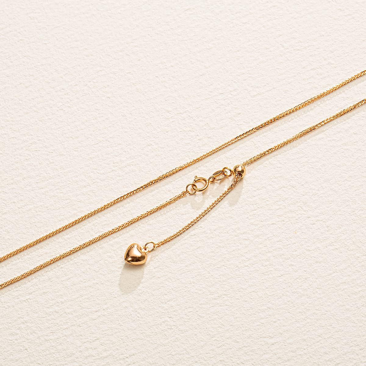 18K Solid Gold 1MM Thin Strong Simple Minimalist Wheat Cable Adjustable Chain Necklace with a Heart Extender Dainty Fine Jewelry for Women Girls, 50CM