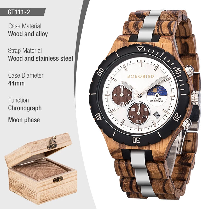 Wooden Watches for Men, Stainless Steel Wood Watch, Custtom Wristwatch for Male, Classic Function Chronograph Watches