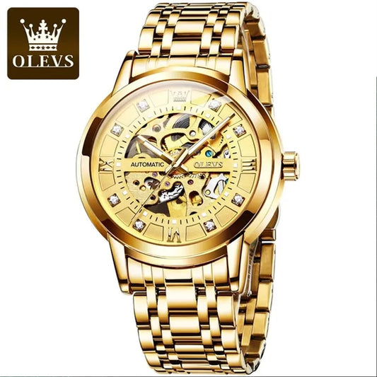 Gold Skeleton Men'S Automatic Mechanical Watches Self Winding Luxury Dress Shiny Diamond Stainess Steel Waterproof Luminous Wrist Watches