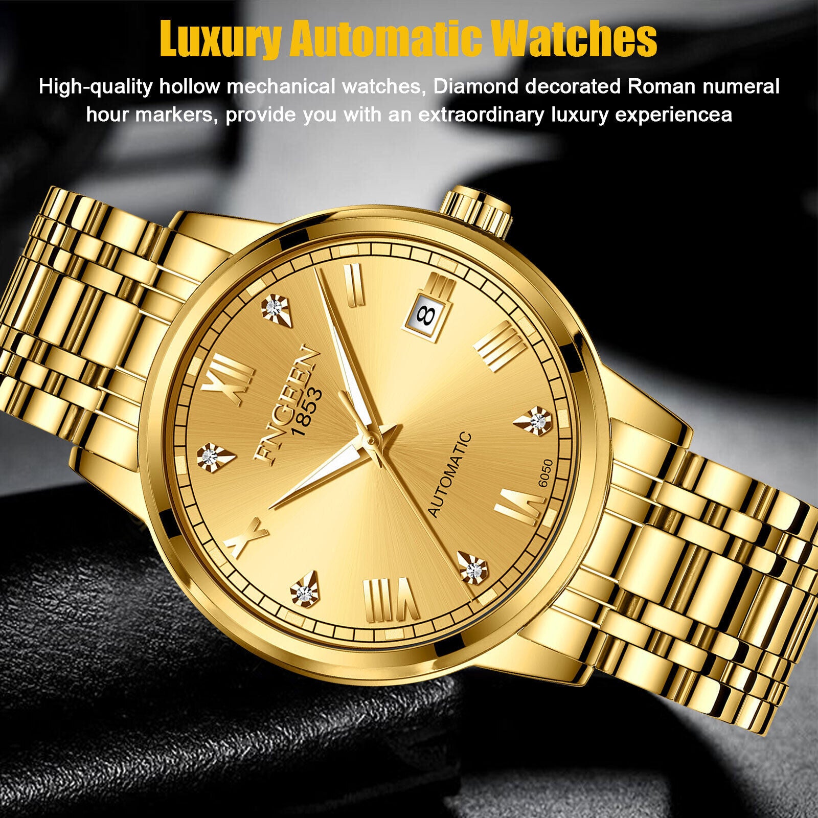 Luxury Men Automatic Mechanical Watch Waterproof Stainless Steel Gold Tone Wrist