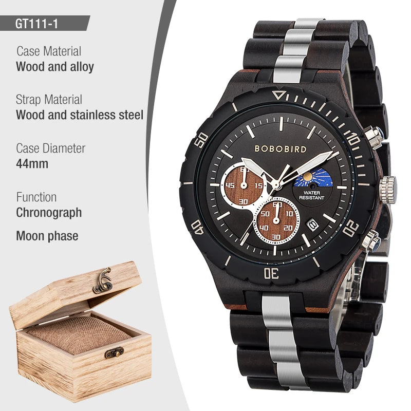 Wooden Watches for Men, Stainless Steel Wood Watch, Custtom Wristwatch for Male, Classic Function Chronograph Watches