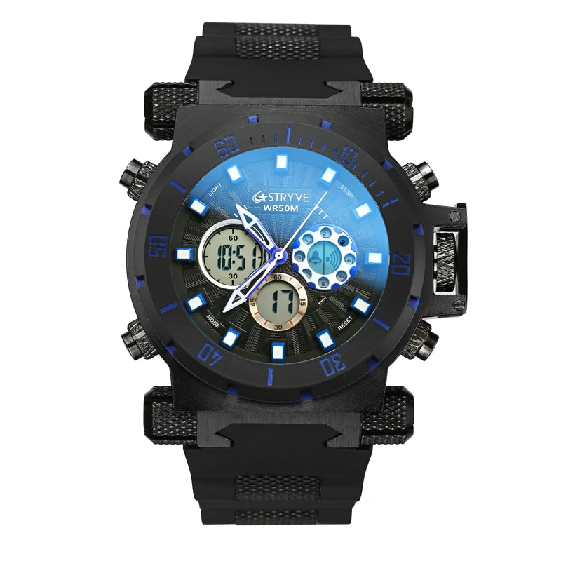 8015 Luxury Silicone Strap Watches Heavy Dial Dual Time 5ATM Waterproof Sports Quartz Digital Men Watch Reloj Hombre