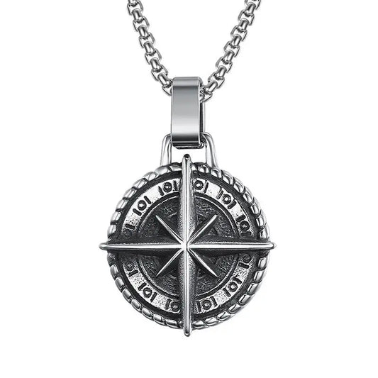 Vintage Compass Medal Pendant Stainless Steel Necklace Mens High Quality round Hip Hop Trend Jewelry Gifts Wholesale