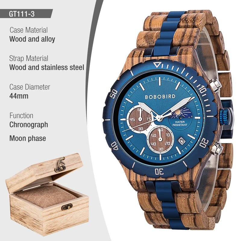 Wooden Watches for Men, Stainless Steel Wood Watch, Custtom Wristwatch for Male, Classic Function Chronograph Watches