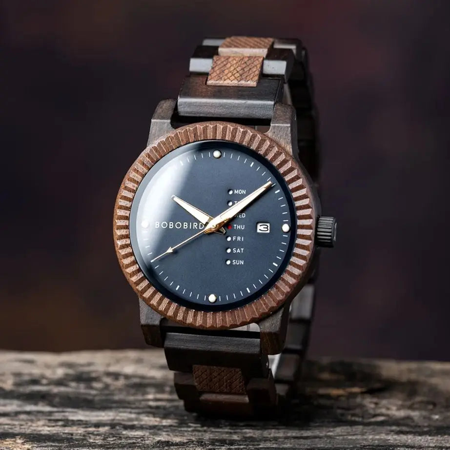 Stylish Men'S Watch Week & Date Display Casual Wooden Wristwatch Support Dropshipping Customized