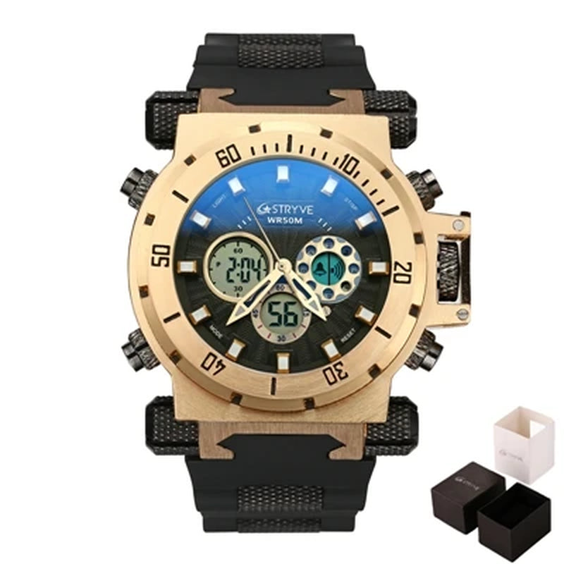 8015 Luxury Silicone Strap Watches Heavy Dial Dual Time 5ATM Waterproof Sports Quartz Digital Men Watch Reloj Hombre