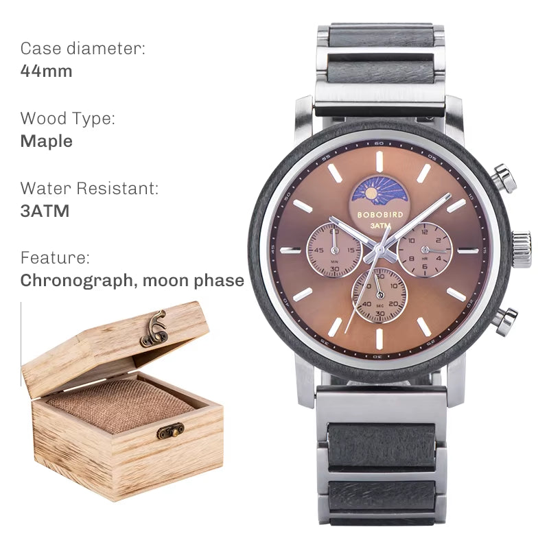 Business Men Luxury Watches Wood and Stainless Steel Chronograph Quartz Wristwatches with Moon Phase Luminous Hands