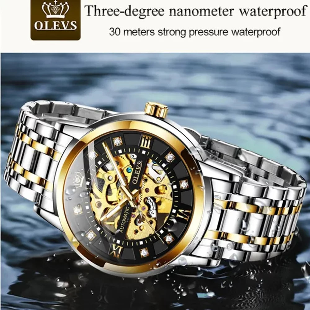 Gold Skeleton Men'S Automatic Mechanical Watches Self Winding Luxury Dress Shiny Diamond Stainess Steel Waterproof Luminous Wrist Watches