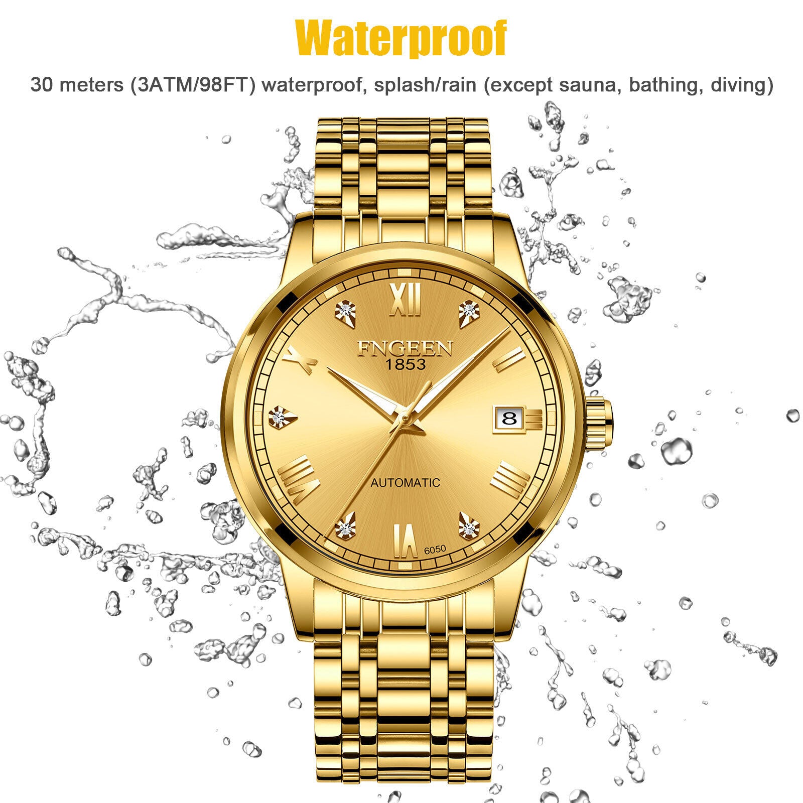 Luxury Men Automatic Mechanical Watch Waterproof Stainless Steel Gold Tone Wrist