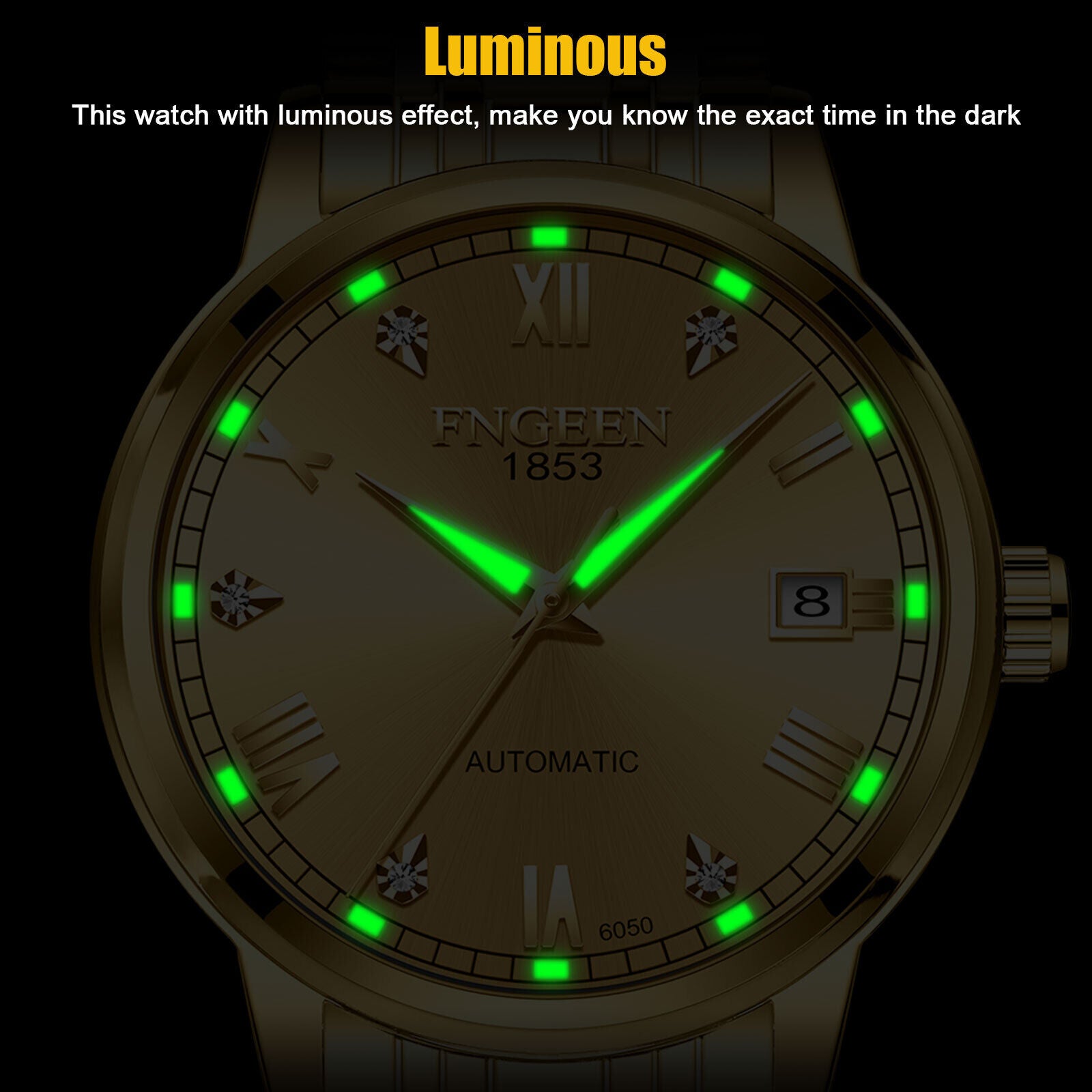 Luxury Men Automatic Mechanical Watch Waterproof Stainless Steel Gold Tone Wrist