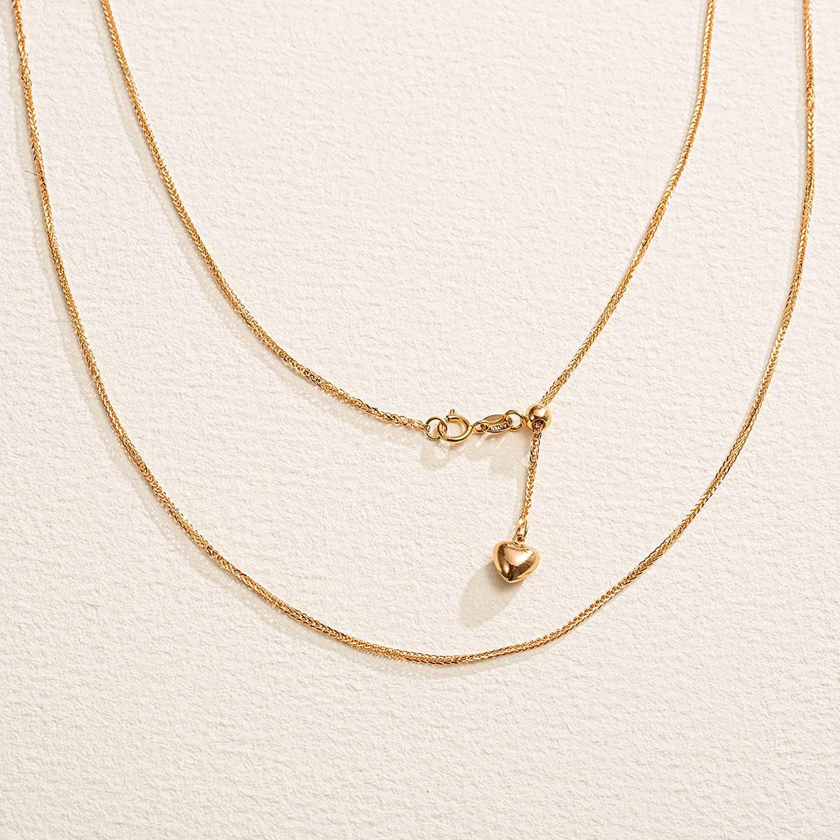 18K Solid Gold 1MM Thin Strong Simple Minimalist Wheat Cable Adjustable Chain Necklace with a Heart Extender Dainty Fine Jewelry for Women Girls, 50CM