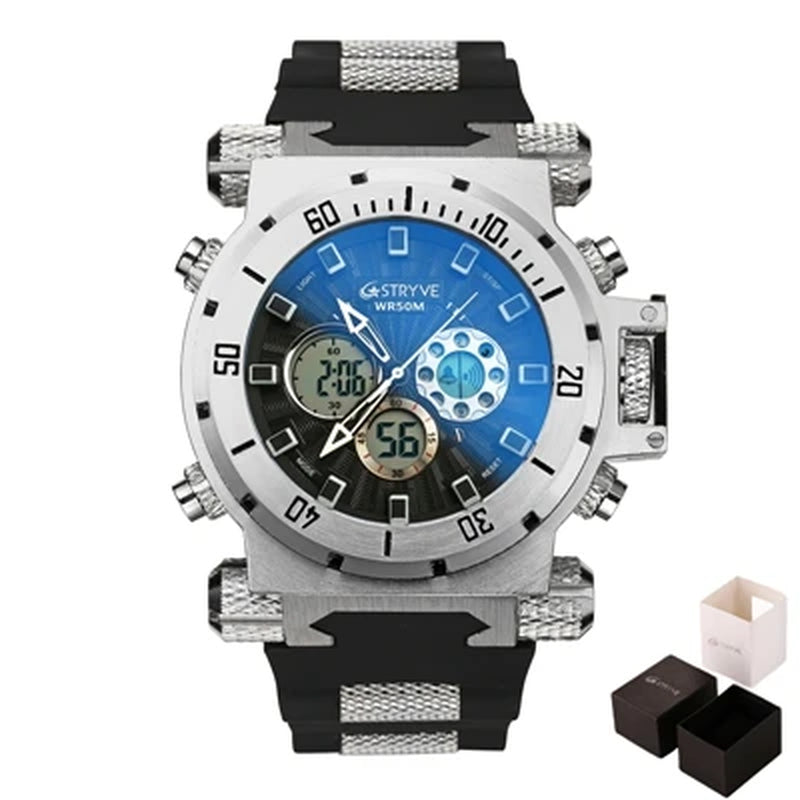 8015 Luxury Silicone Strap Watches Heavy Dial Dual Time 5ATM Waterproof Sports Quartz Digital Men Watch Reloj Hombre