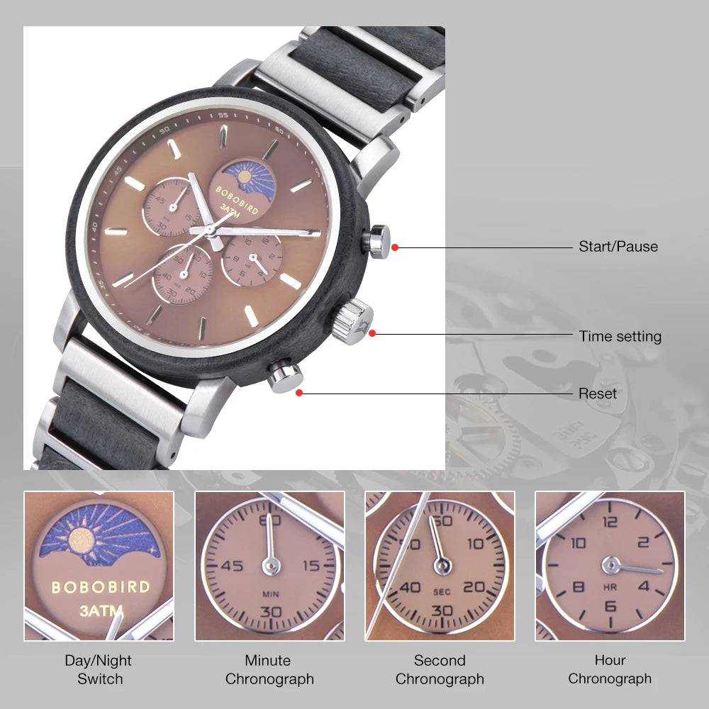 Business Men Luxury Watches Wood and Stainless Steel Chronograph Quartz Wristwatches with Moon Phase Luminous Hands