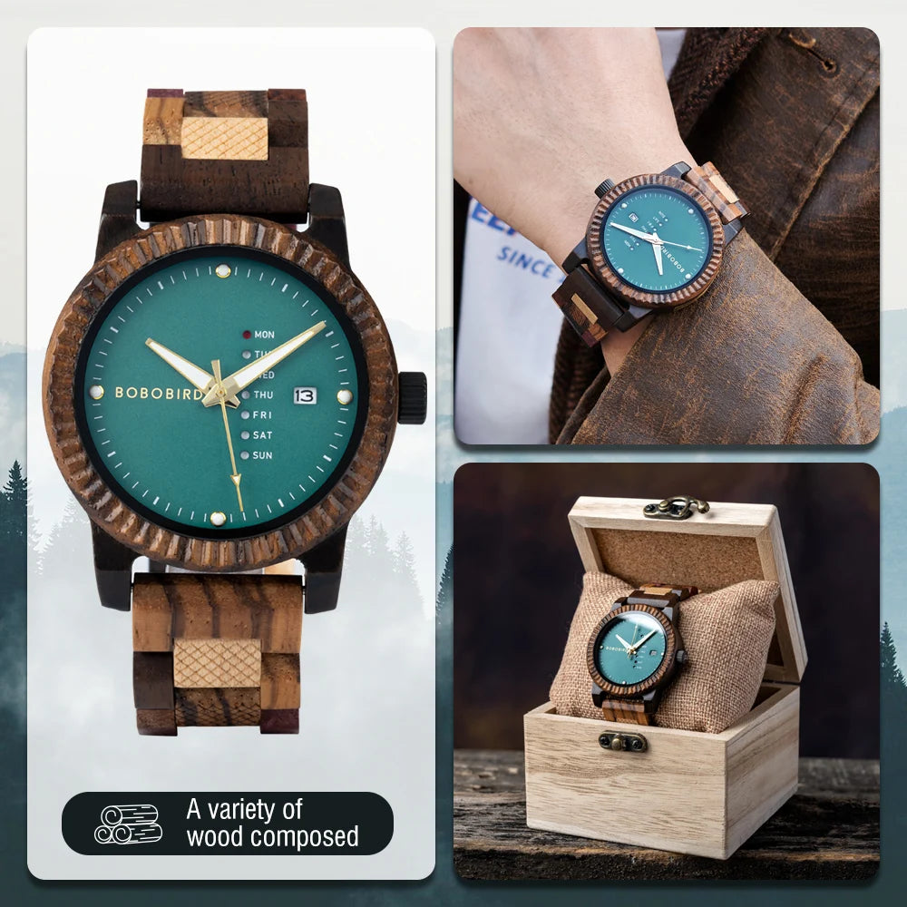 Stylish Men'S Watch Week & Date Display Casual Wooden Wristwatch Support Dropshipping Customized