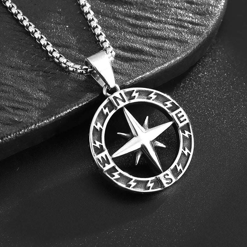 Vintage Compass Medal Pendant Stainless Steel Necklace Mens High Quality round Hip Hop Trend Jewelry Gifts Wholesale