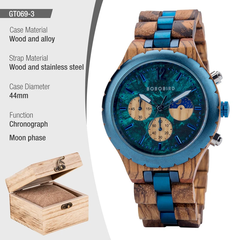 Wooden Watches for Men, Stainless Steel Wood Watch, Custtom Wristwatch for Male, Classic Function Chronograph Watches