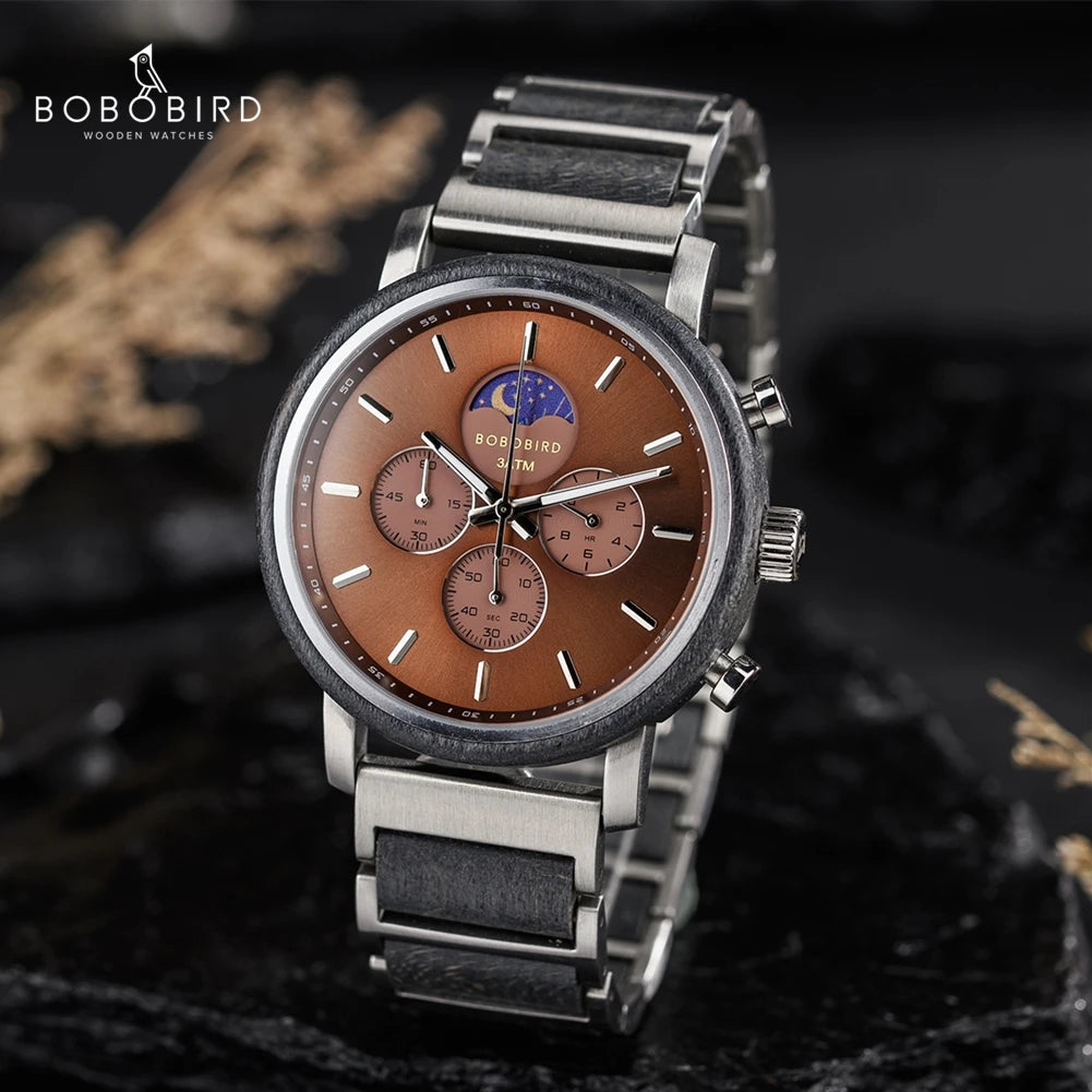 Business Men Luxury Watches Wood and Stainless Steel Chronograph Quartz Wristwatches with Moon Phase Luminous Hands