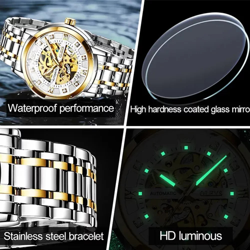 Gold Skeleton Men'S Automatic Mechanical Watches Self Winding Luxury Dress Shiny Diamond Stainess Steel Waterproof Luminous Wrist Watches