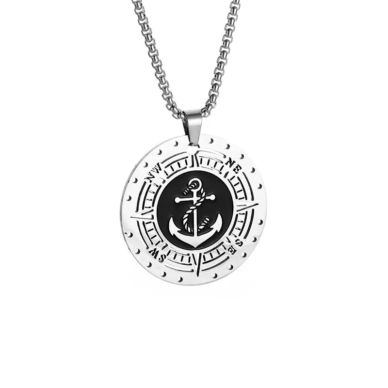 Vintage Compass Medal Pendant Stainless Steel Necklace Mens High Quality round Hip Hop Trend Jewelry Gifts Wholesale