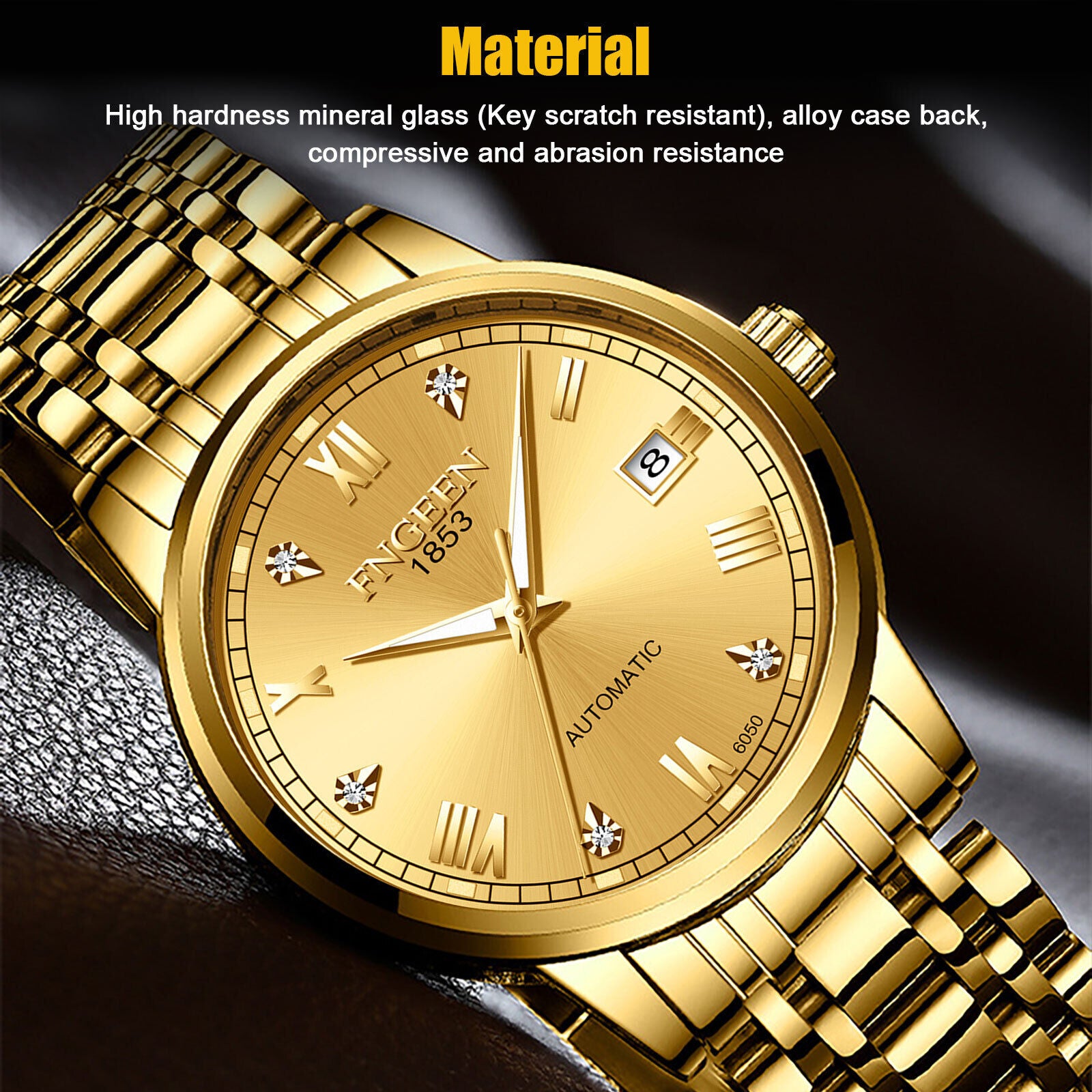 Luxury Men Automatic Mechanical Watch Waterproof Stainless Steel Gold Tone Wrist