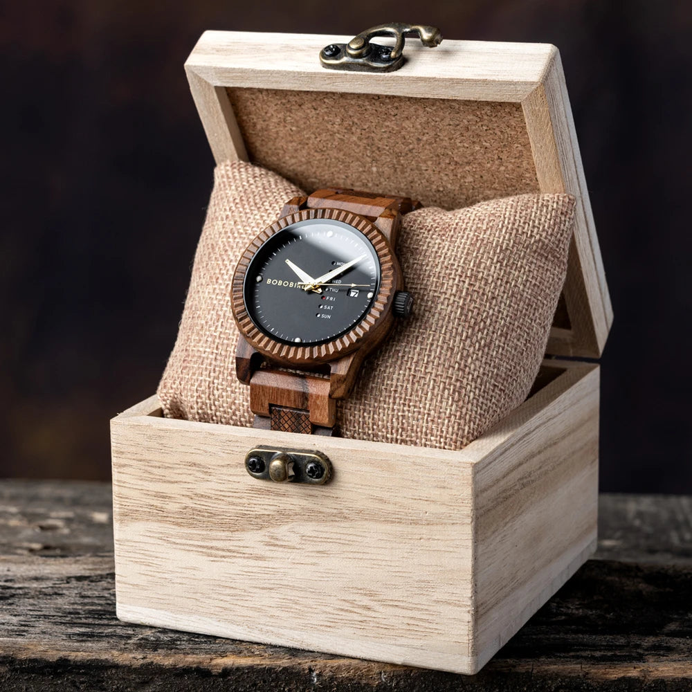 Stylish Men'S Watch Week & Date Display Casual Wooden Wristwatch Support Dropshipping Customized