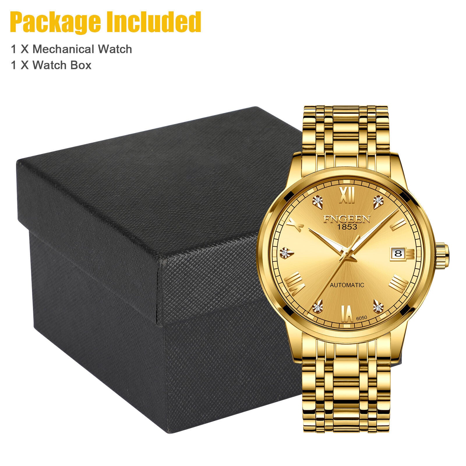 Luxury Men Automatic Mechanical Watch Waterproof Stainless Steel Gold Tone Wrist