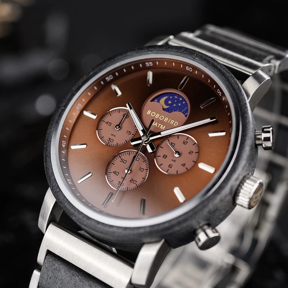 Business Men Luxury Watches Wood and Stainless Steel Chronograph Quartz Wristwatches with Moon Phase Luminous Hands