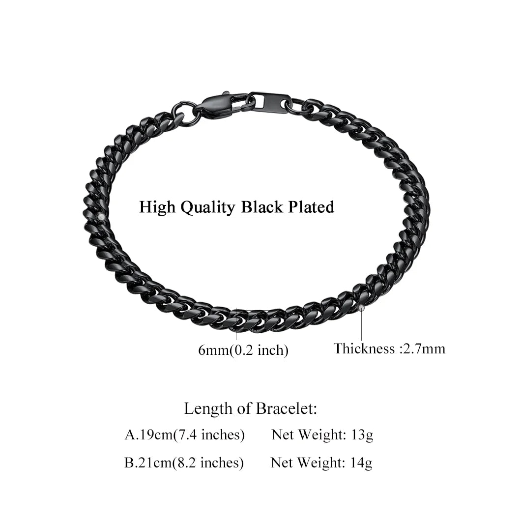 Cuban Link Black 6MM Wide Chain Bracelets Punk Mens Women Jewelry Gift, 21" Length