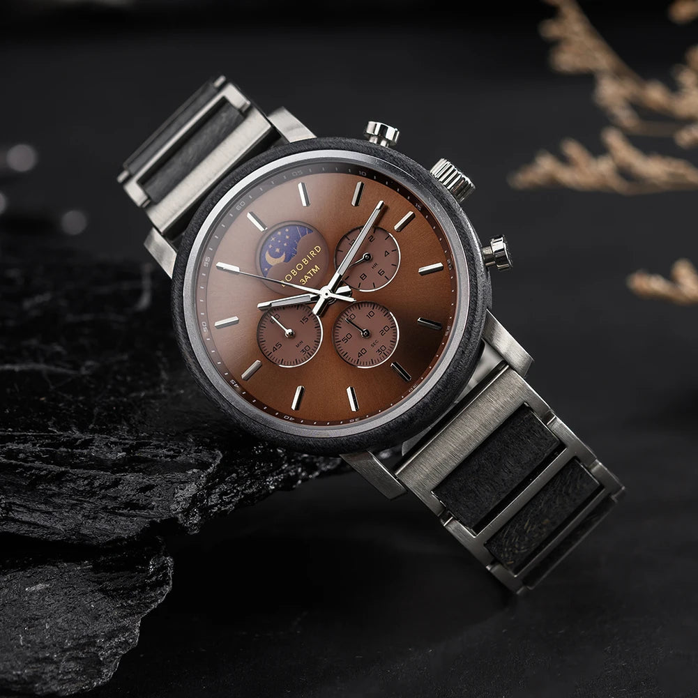 Business Men Luxury Watches Wood and Stainless Steel Chronograph Quartz Wristwatches with Moon Phase Luminous Hands