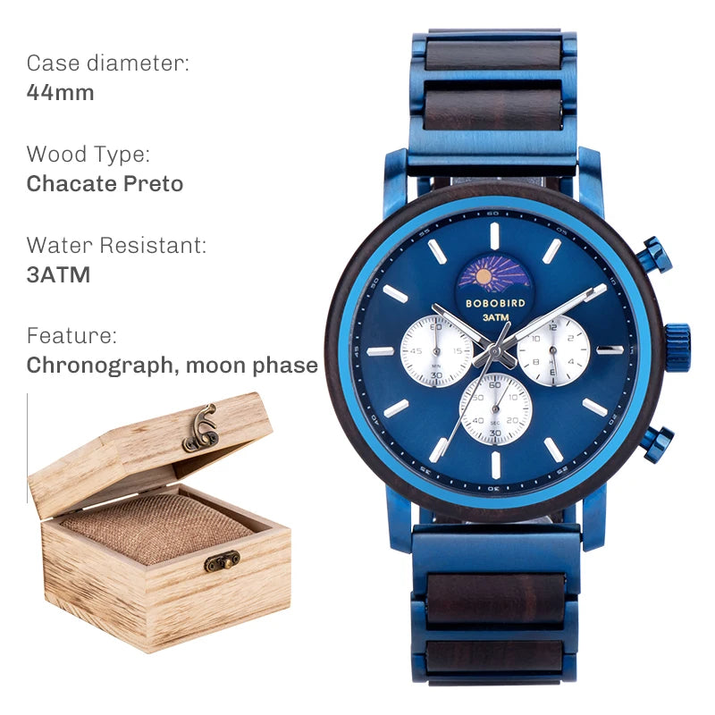 Business Men Luxury Watches Wood and Stainless Steel Chronograph Quartz Wristwatches with Moon Phase Luminous Hands