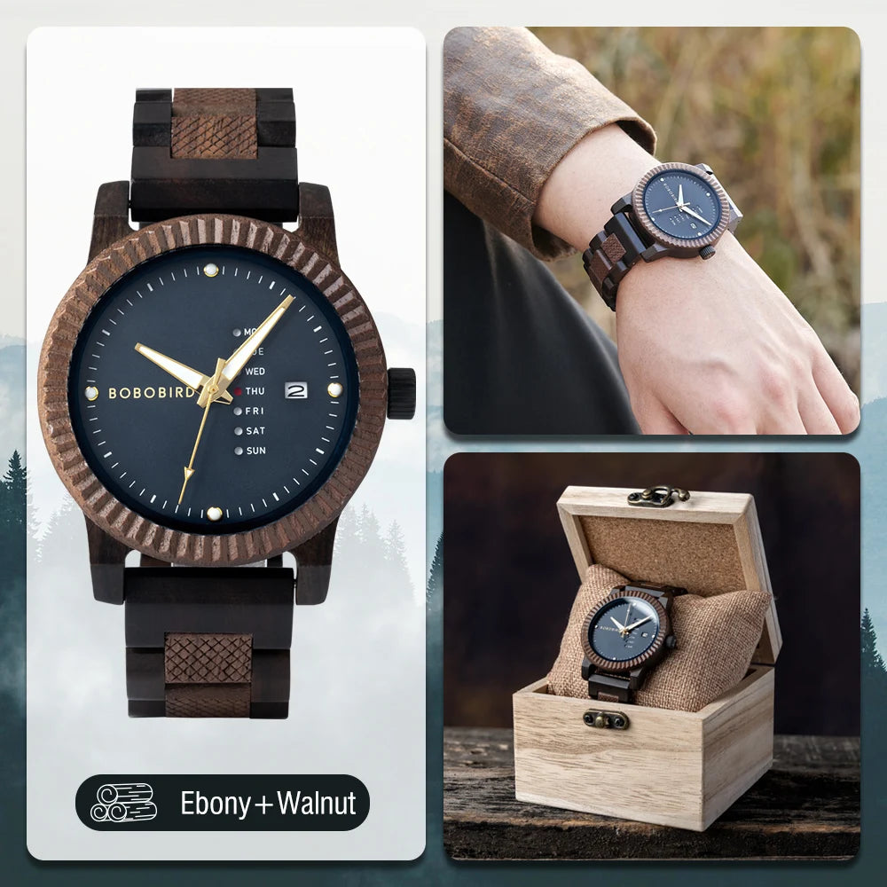 Stylish Men'S Watch Week & Date Display Casual Wooden Wristwatch Support Dropshipping Customized