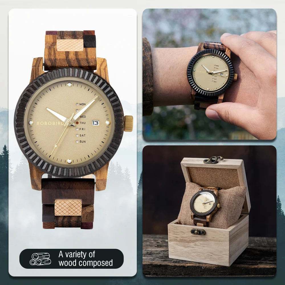 Stylish Men'S Watch Week & Date Display Casual Wooden Wristwatch Support Dropshipping Customized