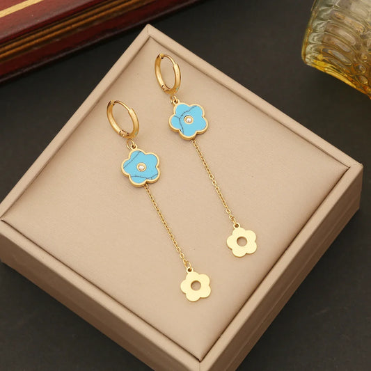 Fashion Stainless Steel Blue Four Leaf Clover Flower Beaded Necklace Earriing Bracelet Set for Women Wedding Jewerly Wholesale