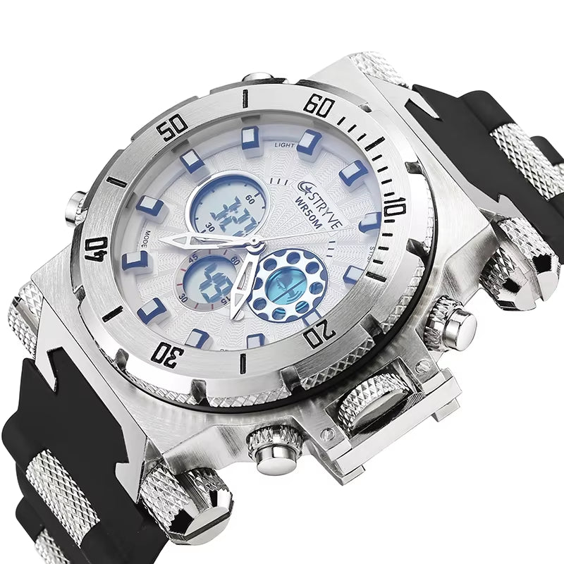 8015 Luxury Silicone Strap Watches Heavy Dial Dual Time 5ATM Waterproof Sports Quartz Digital Men Watch Reloj Hombre